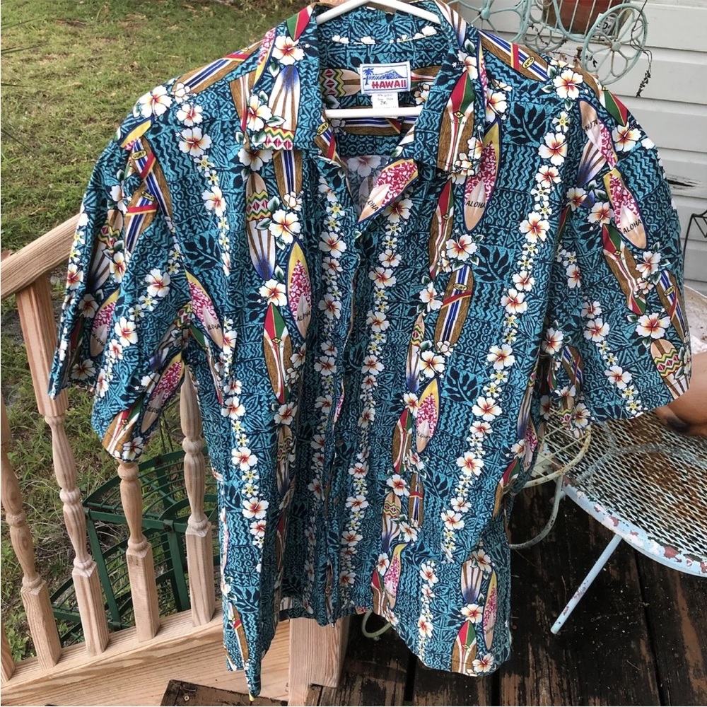 Hawaii Surfing Surfboard Hawaiian Shirt 2XL Cotton Blue Pink Green Mens Vintage